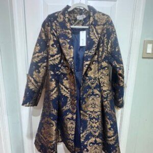 Molly Bracken Navy & Gold Brocade Coat – Size M – Statement Jacket